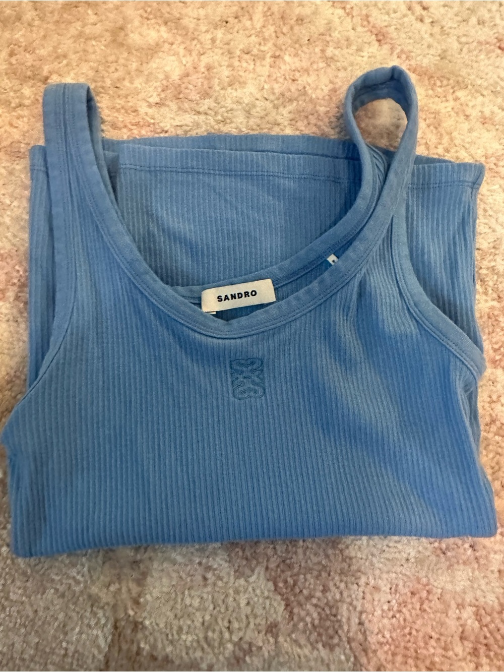 Sandro Light Blue Ribbed Tank Top with Embroidered Logo